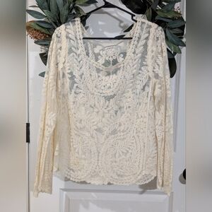 Xhilaration Lace Long Sleeve Blouse Size XXL Boho Embroidered Top Cream White